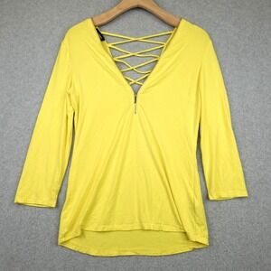 Bebe Shirt Womens Medium Yellow Strap Back Zip Up Thin Soft Casual